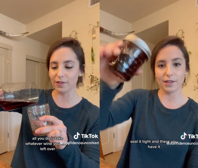 Split-screen image of a woman pouring wine into a Mason jar and then holding it up.