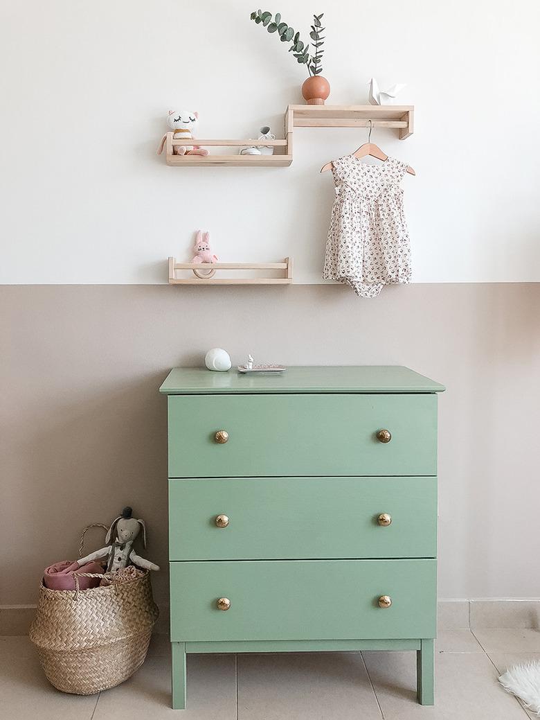 pastel nursery idea with IKEA hacked dresser and color blocked wall