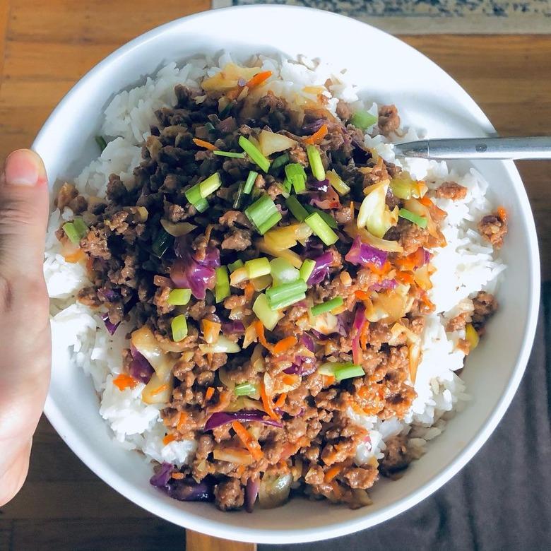 korean beef made with impossible meat on top of white rice