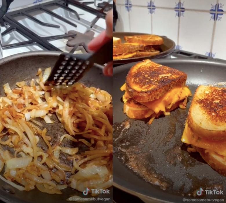 video screenshots of tiktok with person cooking patty melts