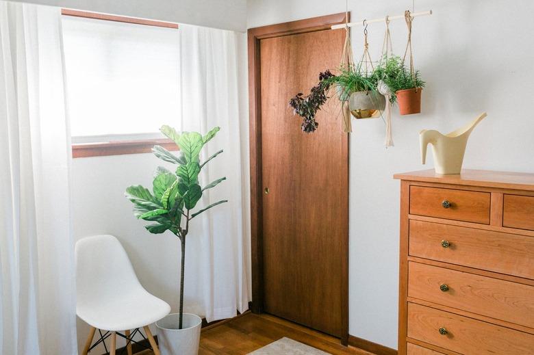 White-walled room with wood door, dresser, plants, and white curtains