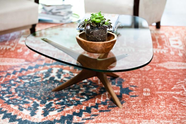 Small indoor plant idea in wood bowl on a midcentury coffee table