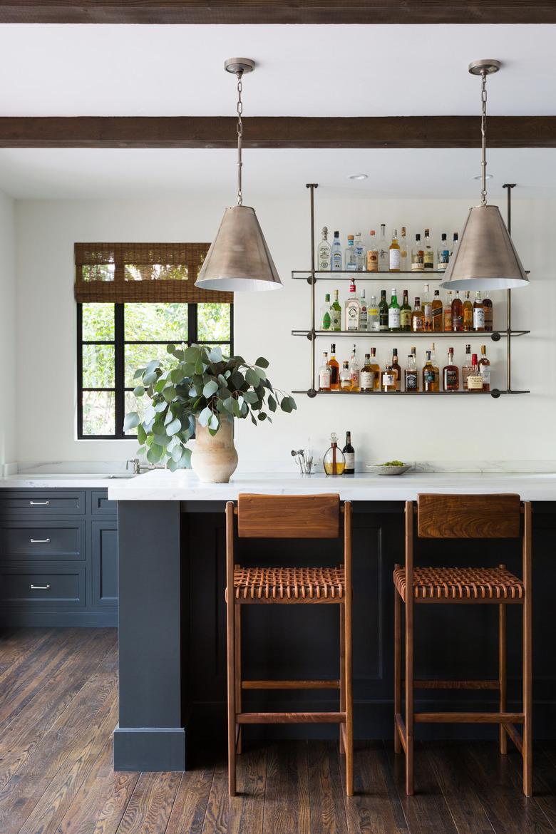 white and blue industrial bar idea with wood bar stools