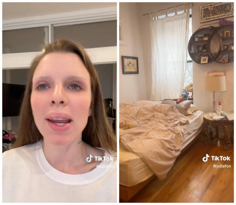 On the left is Julia Fox in a white t-shirt. On the right is an image of an unmade bed on a wooden floor in front of a white wall with a window.