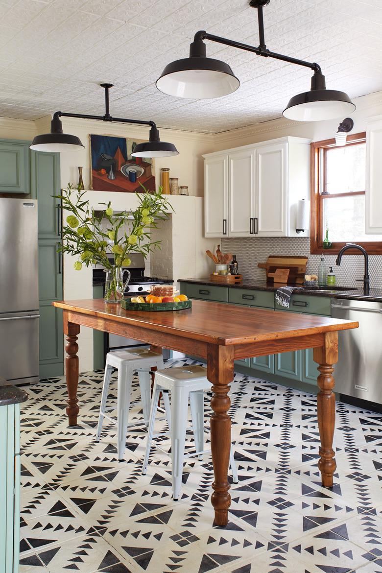 cream and black patterned kitchen floor paint and wooden table