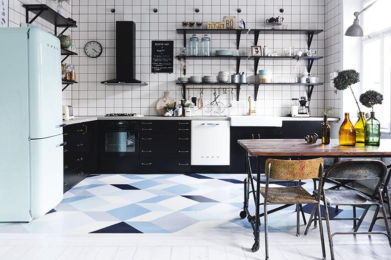 blue geometric patterned kitchen floor paint