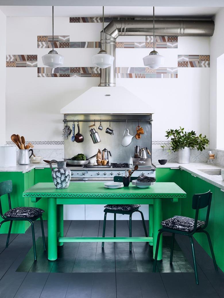 green kitchen cabinets and black kitchen floor paint