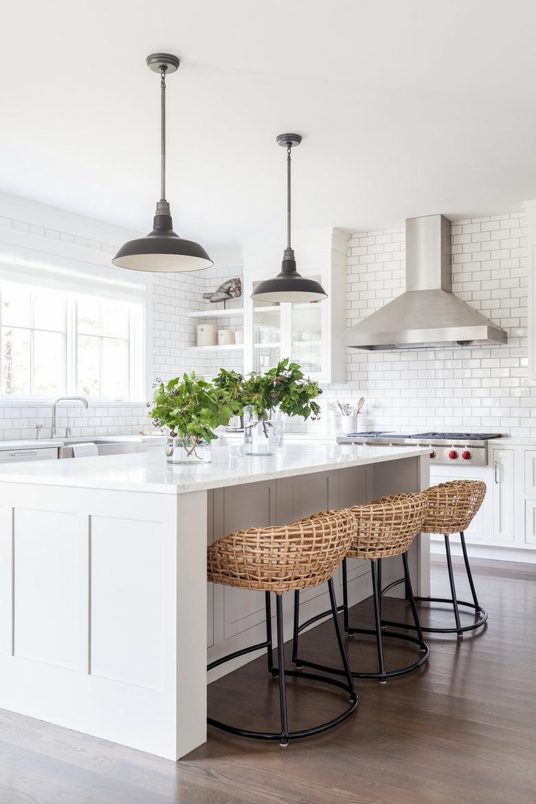 bohemian kitchen island ideas with seating and rattan bar stools