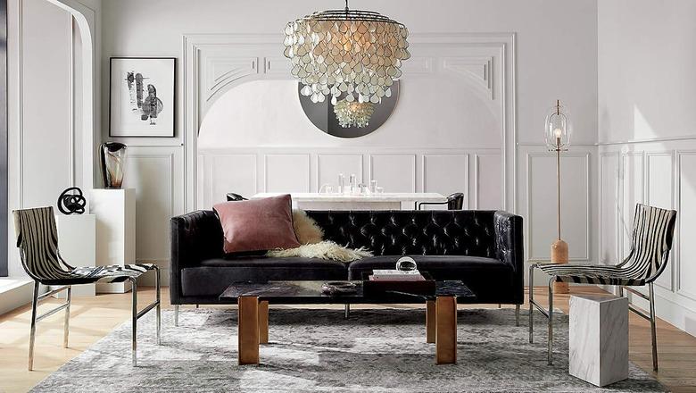 CB2 Teardrop Capiz Chandelier in living room