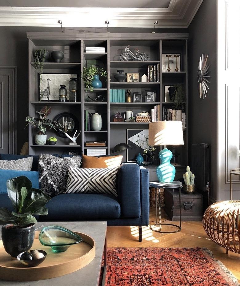 grey living room makeover idea with IKEA billy bookcase hack