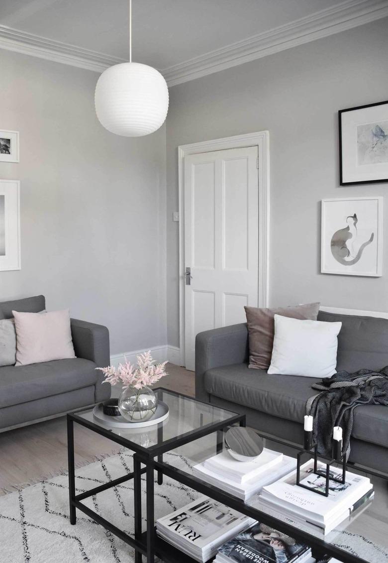 grey and muted warm minimal living room makeover idea