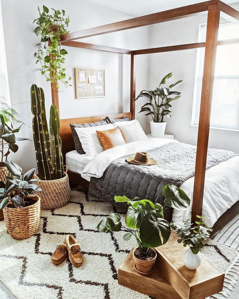 masculine boho bedroom surrounded by indoor plants