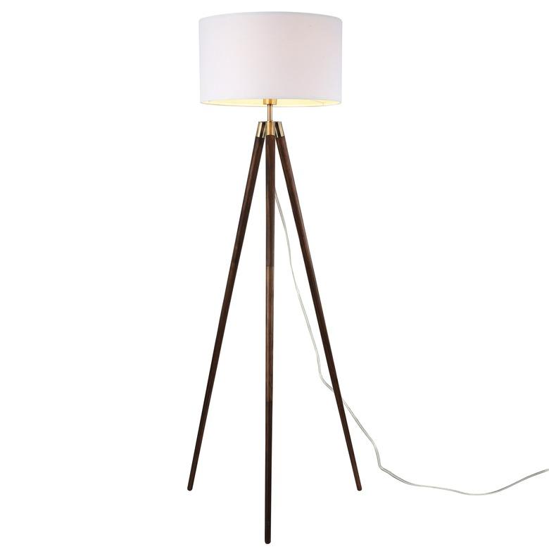 Tripod mid-century floor lamp with white shade and wooden legs