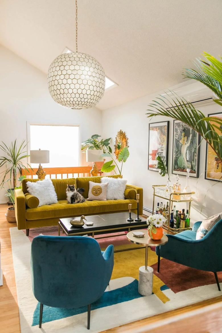 midcentury living room with bar cart