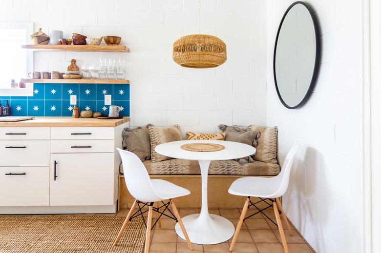 midcentury kitchen with terra cotta floor