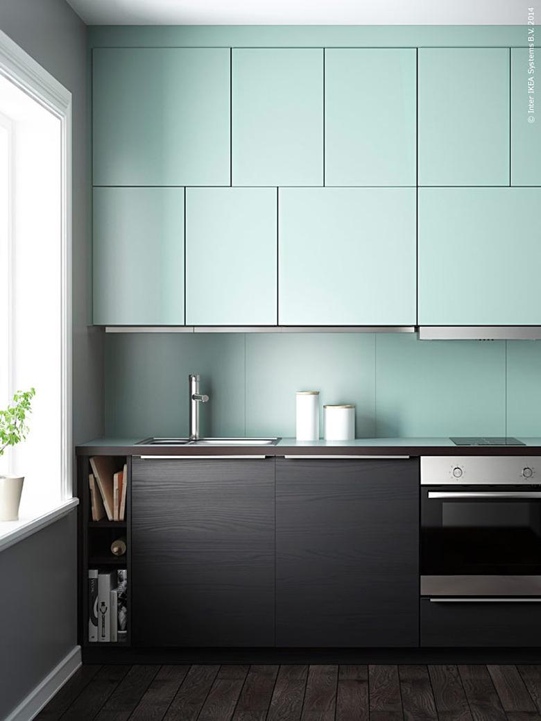 two-tone mint green kitchen