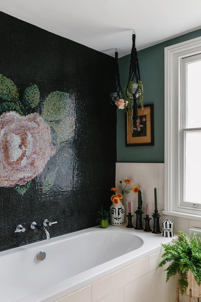 bathroom design ideas with huge flower mosaic accent wall