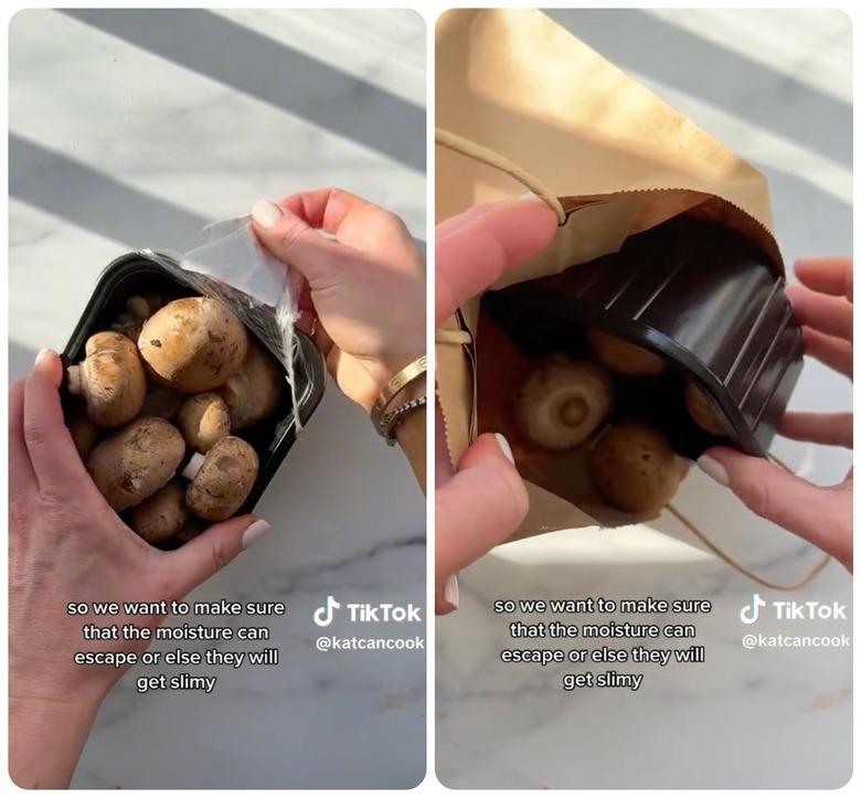 mushrooms being placed inside a paper bag