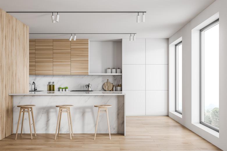 Loft kitchen interior with marble bar