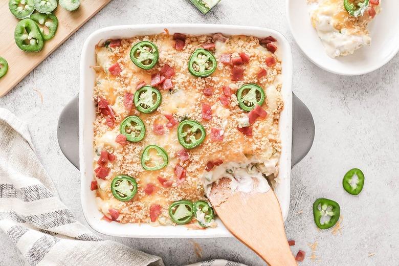 Jalapeño popper gnocchi casserole on a gray background