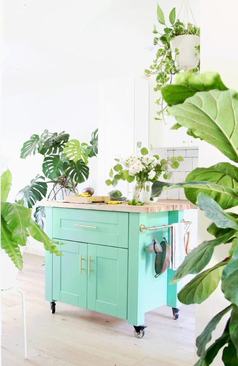 Painted turquoise IKEA kitchen island with houseplants