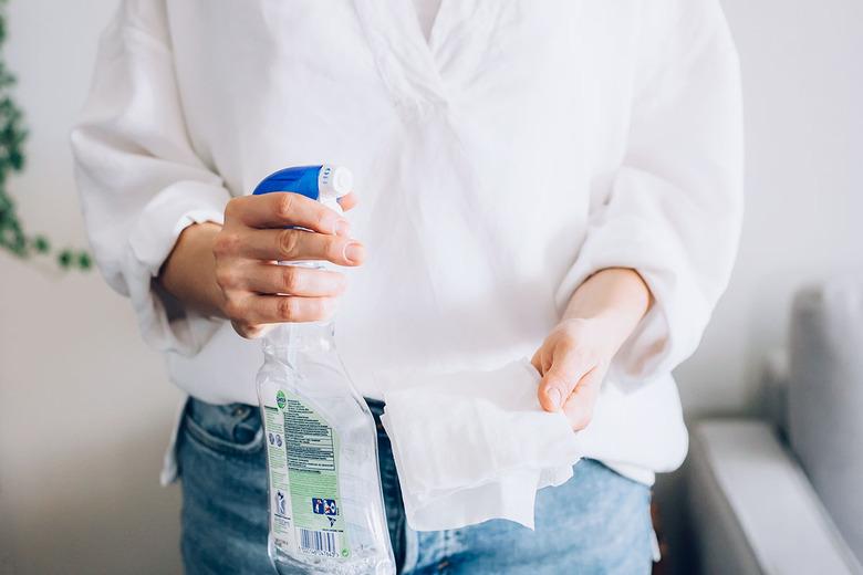 woman holding cleaning spray bottle and paper towel