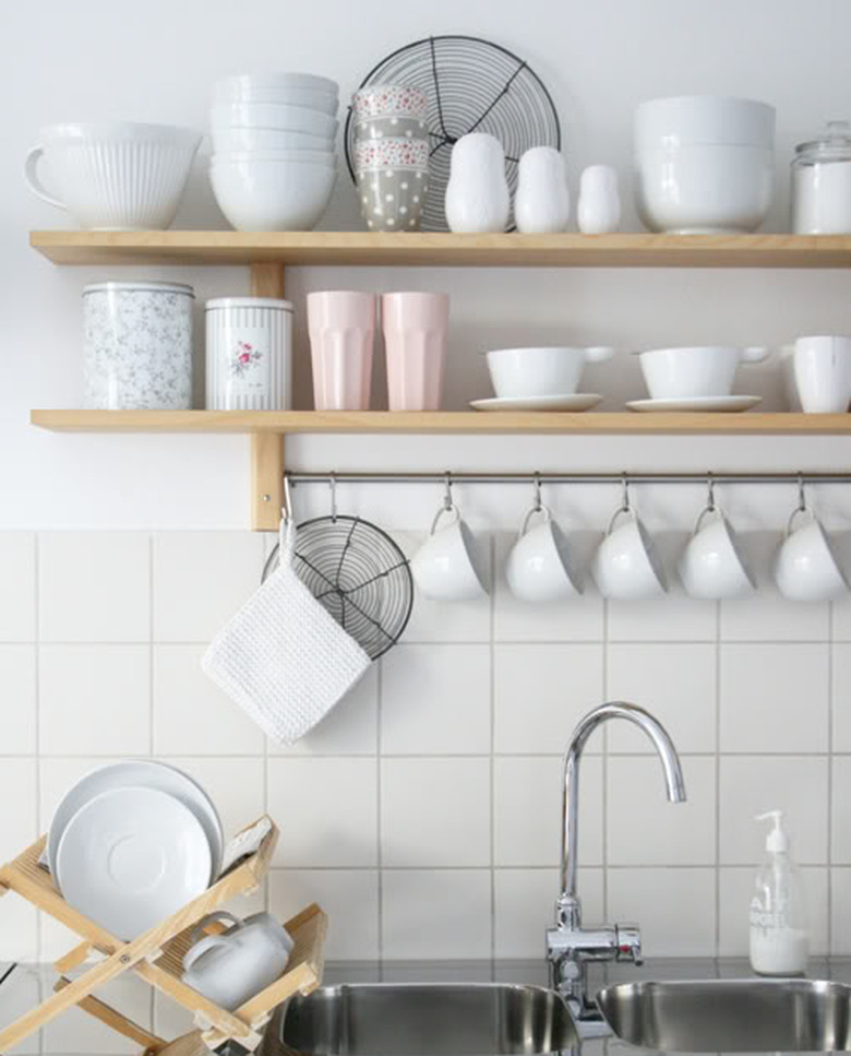 Open kitchen shelving.