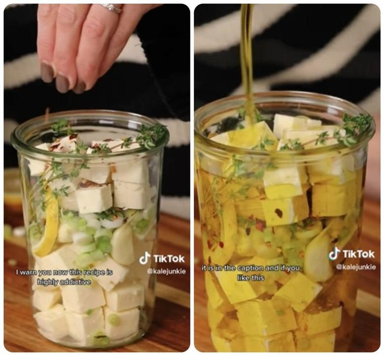 Marinated feta holiday appetizer idea by TikTok user @kalejunkie