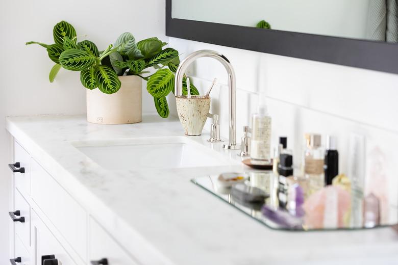 white bathroom vanity with quartz counters, white ceramic sink, silver faucet, glass tray with various beauty products, vase with green plant, rectangular mirror