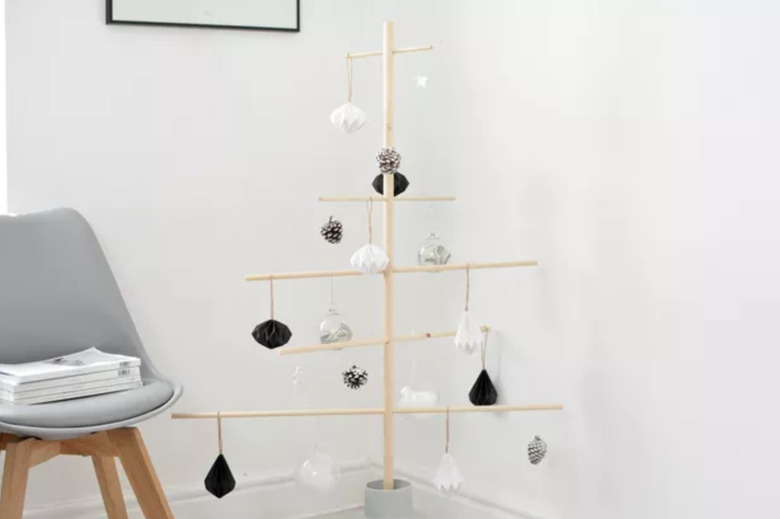 DIY Christmas tree with simple wood dowels and ornaments