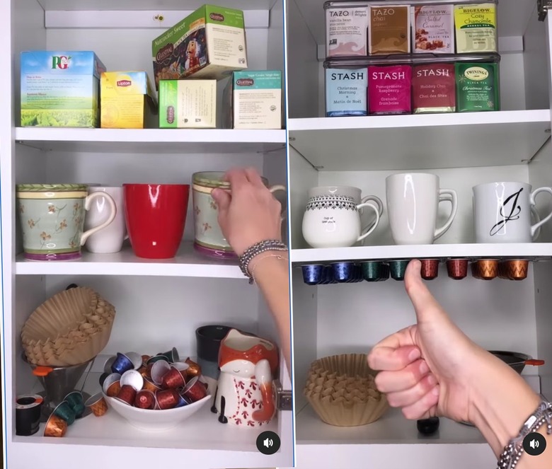 Split screen image of a messy cabinet on the left and then that same cabinet but organized on the right