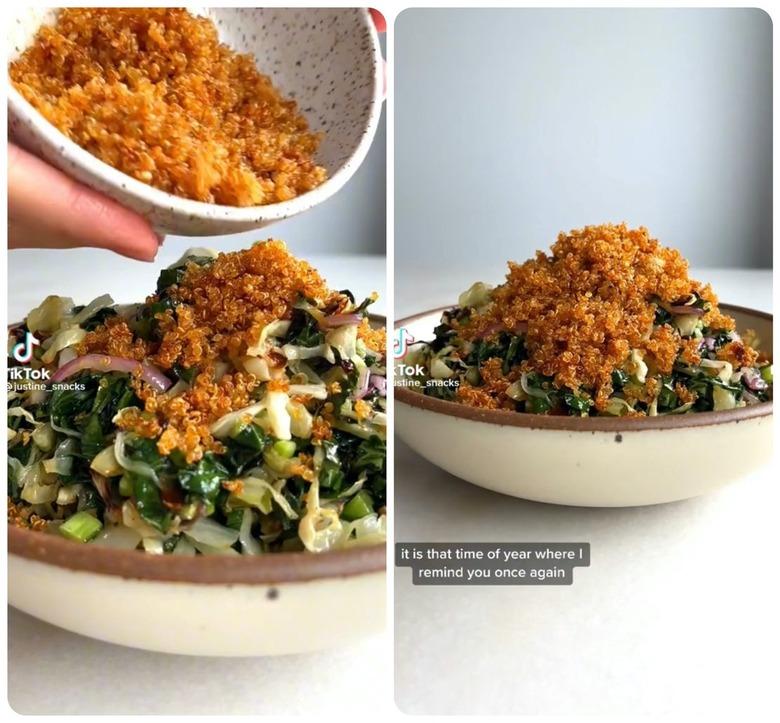 Two images of baked kale salad with crispy quinoa. The first image is a small white and black speckled bowl of dark orange crispy quinoa being poured onto baked kale salad in a cream bowl with a brown rim. The second image is the same kale salad bowl with the crispy quinoa on top.