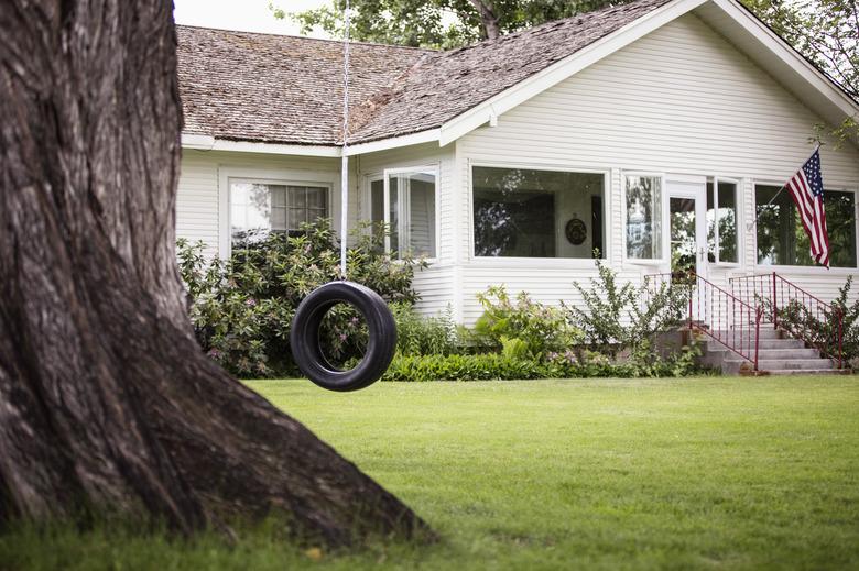 Tire swing hanging in front yard.