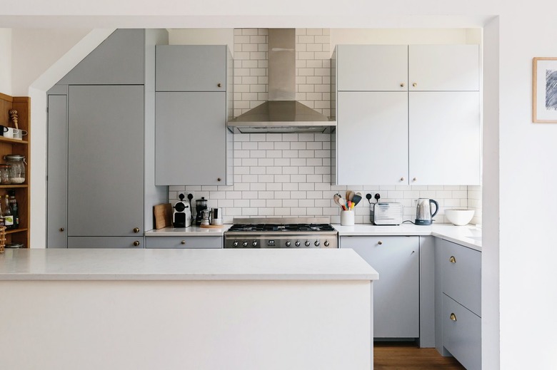 kitchen with gray and white cabinets