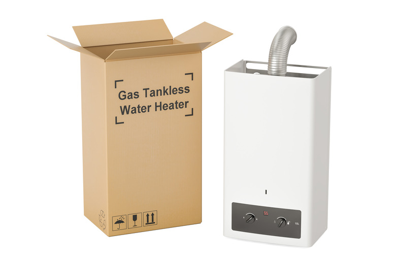 Gas tankless water heater with cardboard box, delivery concept. 3D rendering