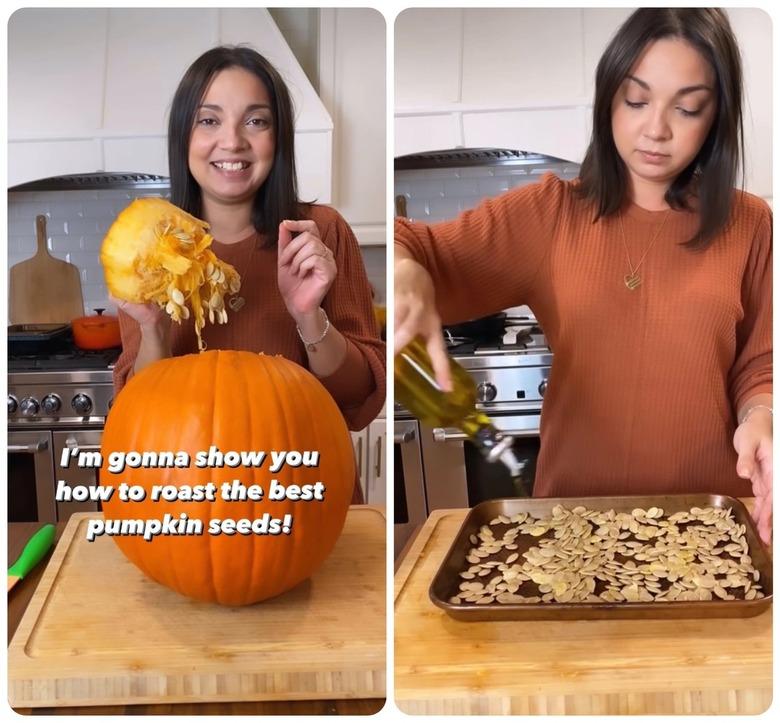 Two images: On the left, lifestyle blogger Virginia H Lane is in her kitchen, holding the top of a pumpkin. White text reads, "I