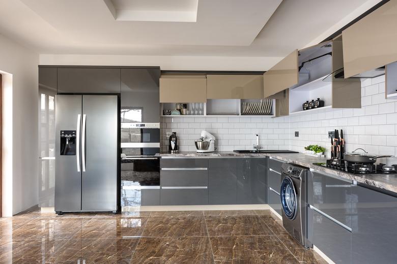 Luxury modern white, beige and grey kitchen interior