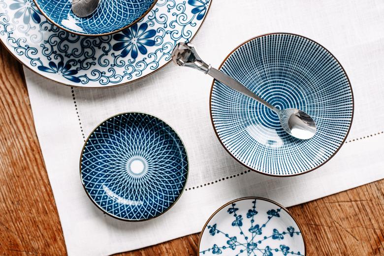 Blue table ware plates and bowls overhead