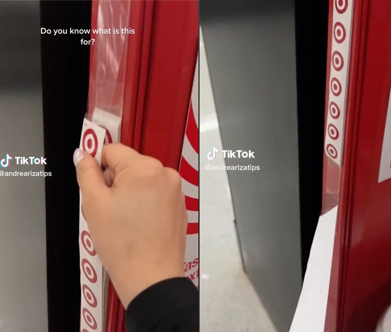 Split-screen image of a hand pulling off an adhesive plastic handle at checkout at Target