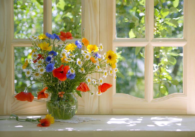 Bright summer bouquet in glass vase on a sunlit windowsill.