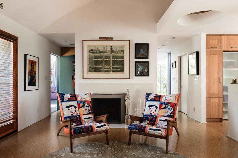 cork flooring in living room with accent chairs