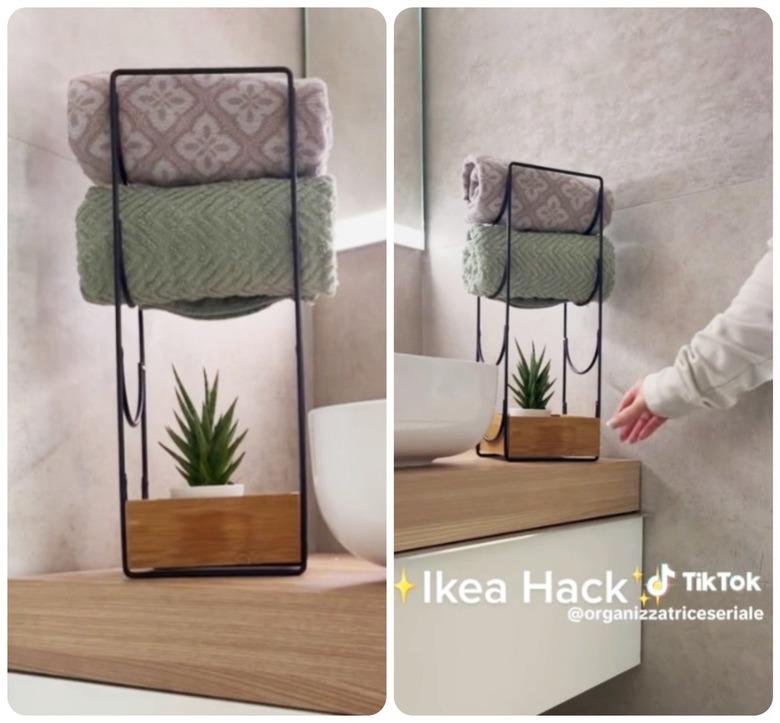 Towel holder made from an IKEA wine rack and wood tray