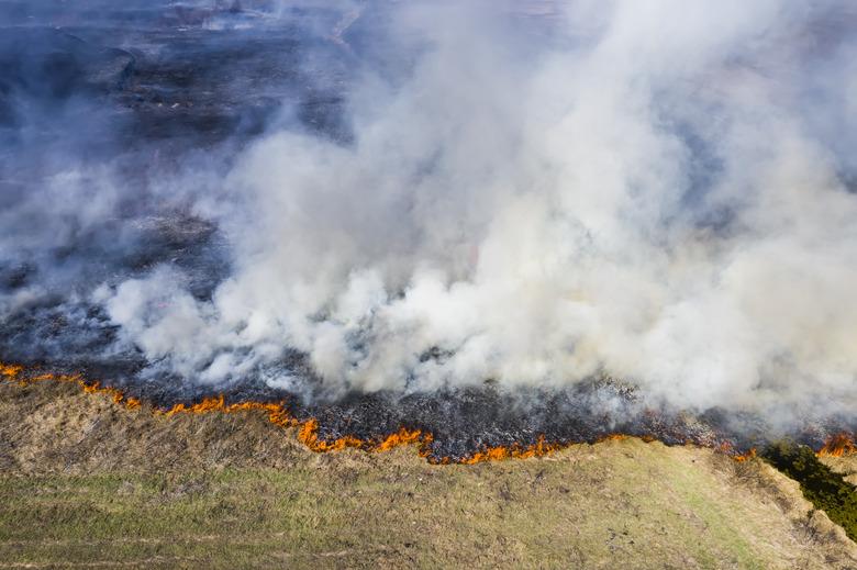 Aerial view of wildfire on the field. Huge clouds of smoke