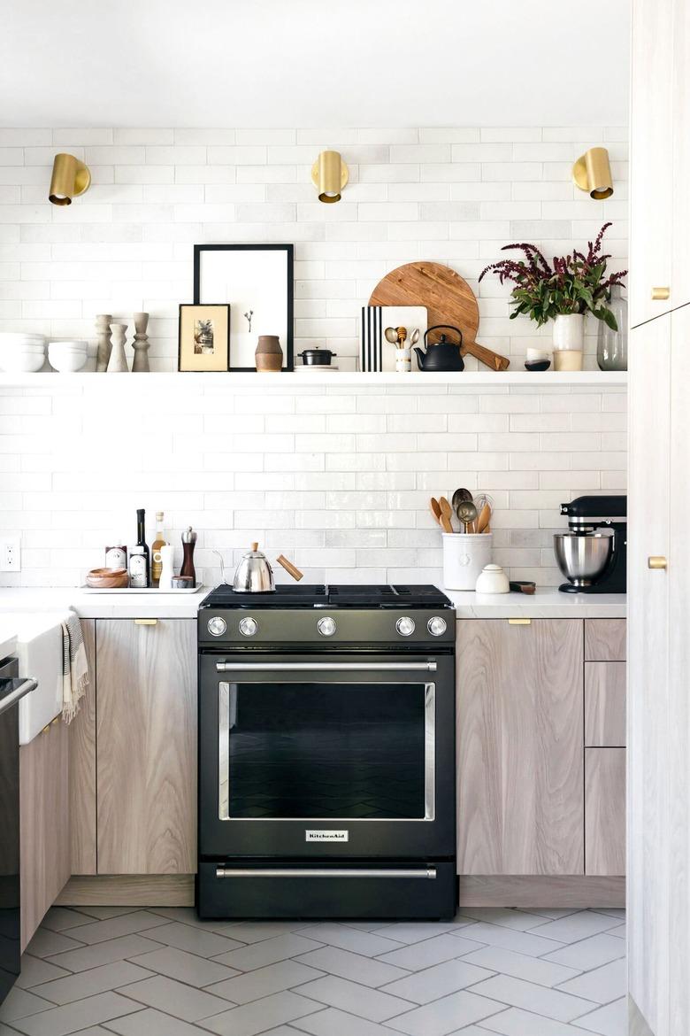 Kitchen organization ideas with wood cabinets and open shelving