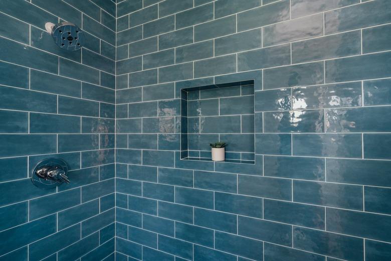 A shower with blue subway tile and a shower niche with a small plant