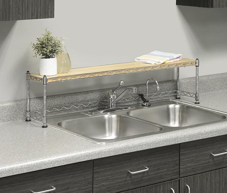 chrome and wood over the sink shelf