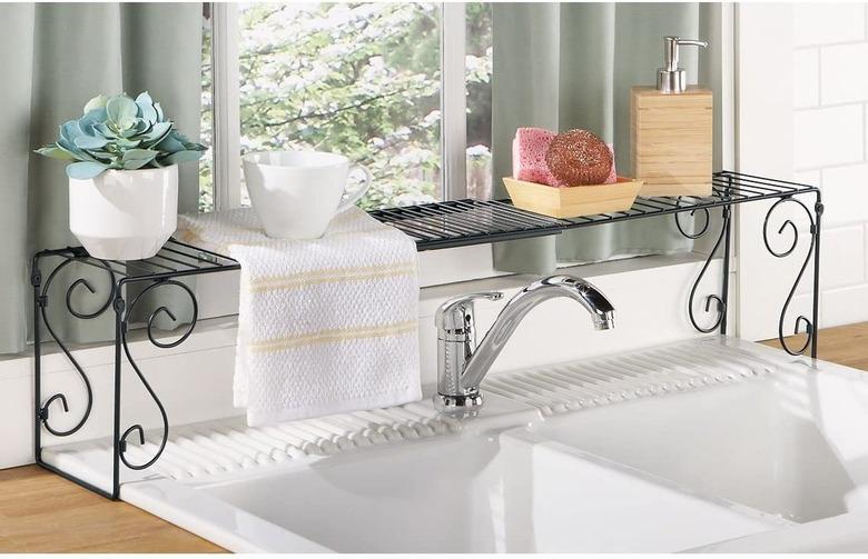 extendable wrought iron scroll over the sink storage shelf