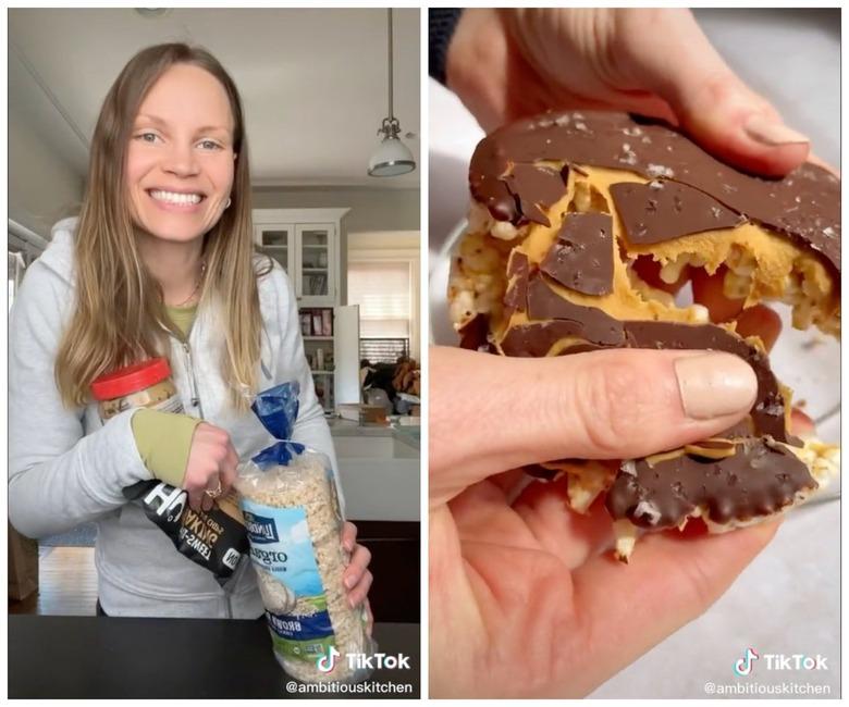 Woman with peanut butter, chocolate, and rice cakes, and a rice cake peanut butter cup