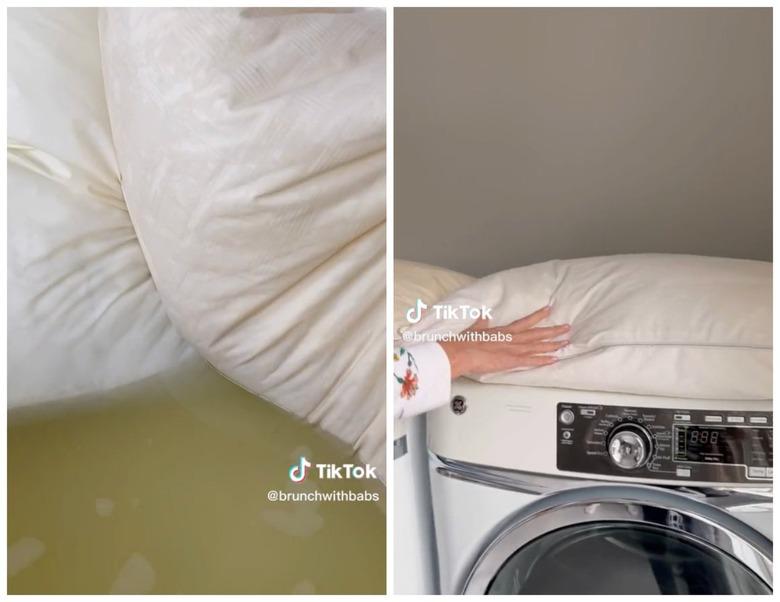 A split-screen image of a pillow in dirty water and then a clean pillow on top of a dryer.