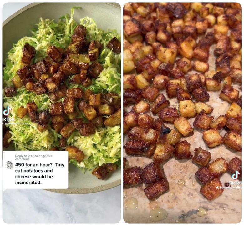 A collage of two images. The one on the left is a bowl of shredded greens with roasted potatoes on top of it. The second image is a close-up of the small cubes of roasted potatoes on a baking sheet.